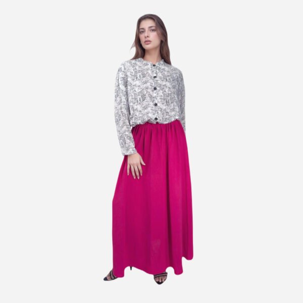 Chic-Black-White-Feather-Print-Blouse-with-Fuchsia-Maxi-Skirt