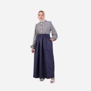 Elegant-Two-Piece-Modest-Set:-Checkered-Blouse-&-Navy-Denim-Skirt