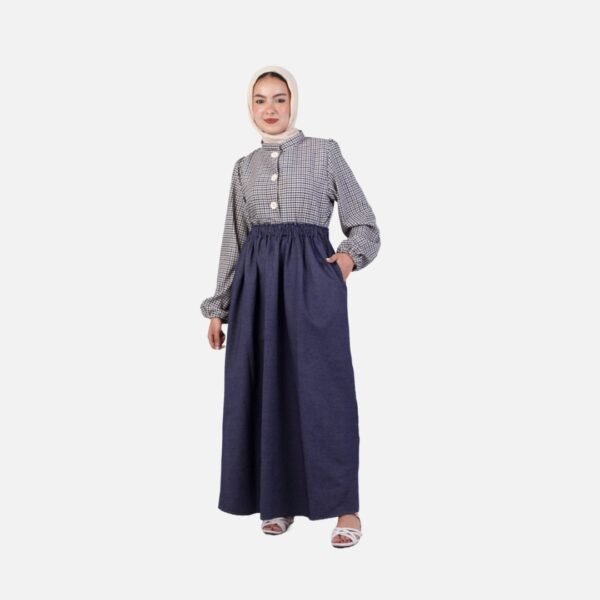 Elegant-Two-Piece-Modest-Set:-Checkered-Blouse-&-Navy-Denim-Skirt