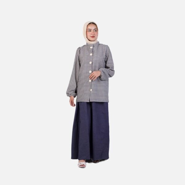 Elegant-Two-Piece-Modest-Set:-Checkered-Blouse-&-Navy-Denim-Skirt