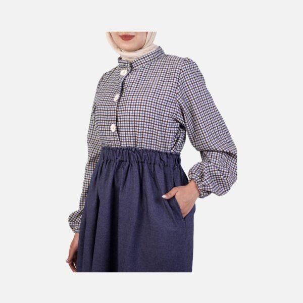 Elegant-Two-Piece-Modest-Set:-Checkered-Blouse-&-Navy-Denim-Skirt