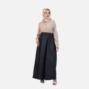 Chic-Two-Piece-Modest-Set:-Beige-Top-&-Black-Denim-Skirt