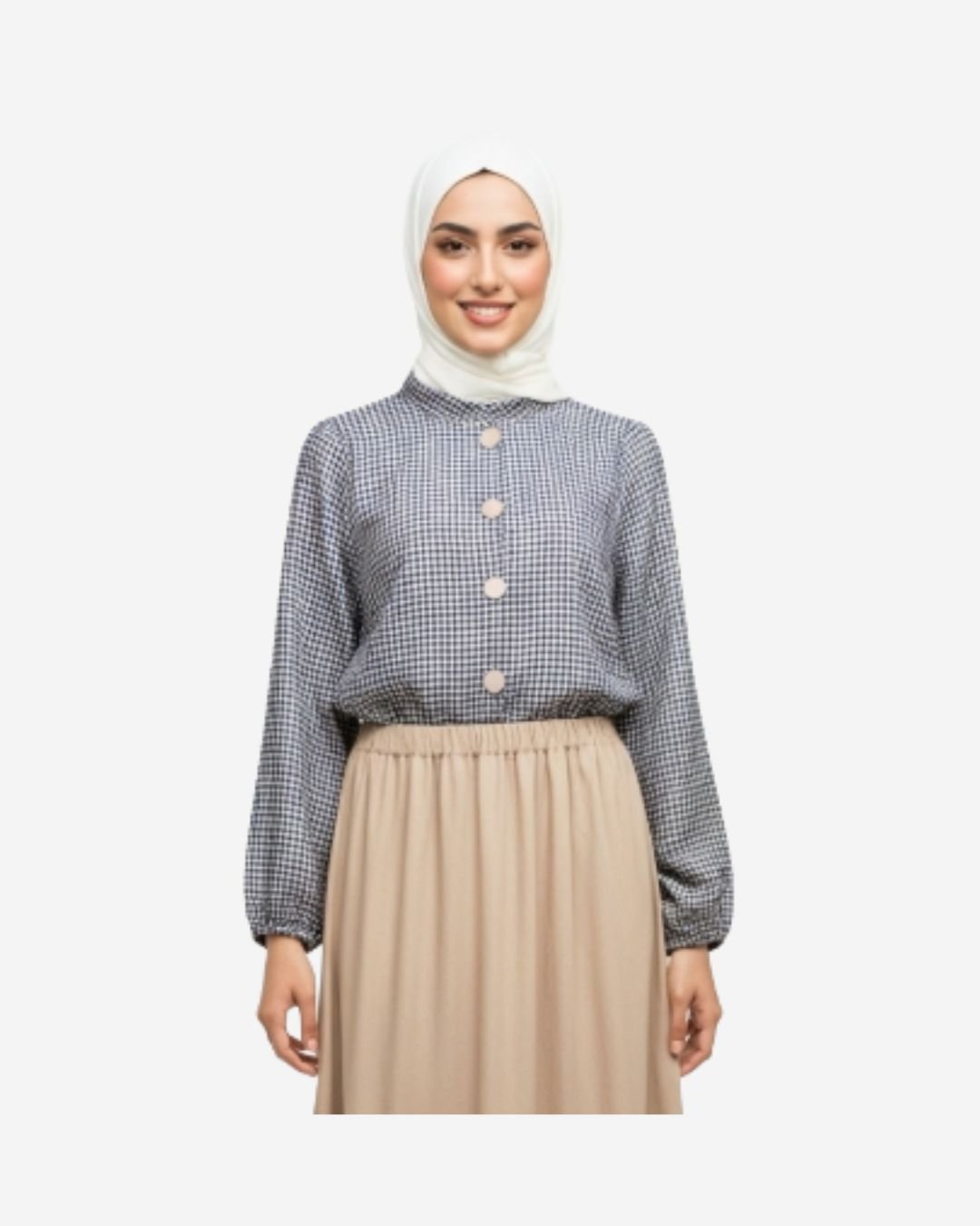 Asmaa Basha Beige Checkered Linen Modest Urban Blouse