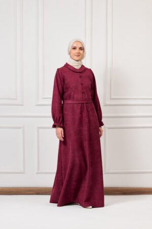 Asmaa Basha Burgundy Suede Modest Maxi Dress