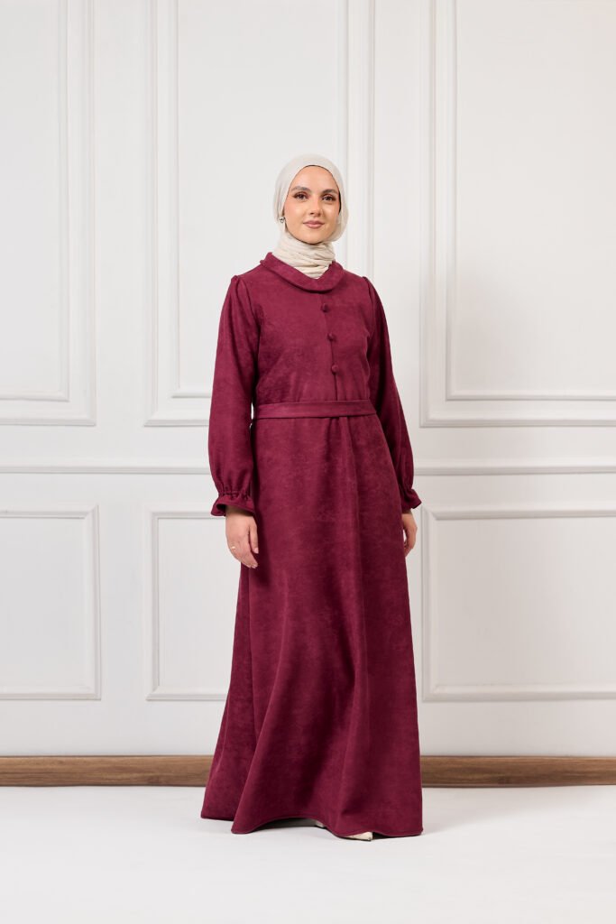 Asmaa Basha Burgundy Suede Modest Maxi Dress