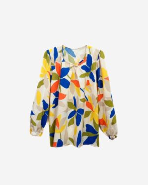 Colorful silk modest blouse with bow neckline and elastic cuffs