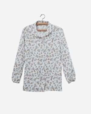 White floral cotton modest blouse with white front buttons by Asmaa Basha