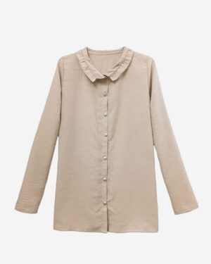 Beige linen blouse laid flat showing front silver buttons, delicate ruffled collar, and long sleeves with a classic modest design by Asmaa Basha.