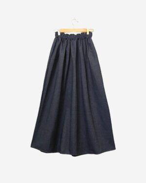 Black denim modest skirt with wide cut and elastic waistband by Asmaa Basha