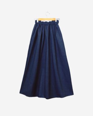 Dark denim modest skirt with elastic waist and pockets by Asmaa Basha