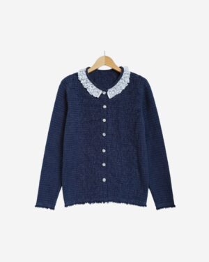 Asmaa Basha Grey Knit Pullover with Lace Collar & Pearl Buttons