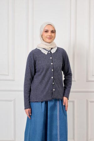 Asmaa Basha Grey Knit Pullover with Lace Collar & Pearl Buttons